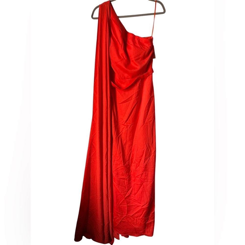 Rene Ruiz Bright Orange Red One-Shoulder Draped Evening Gown Flowing Cape Prom